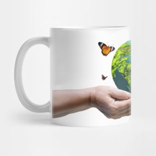 Human Hand Holding a Globe on Transparent Backgrounds Mug